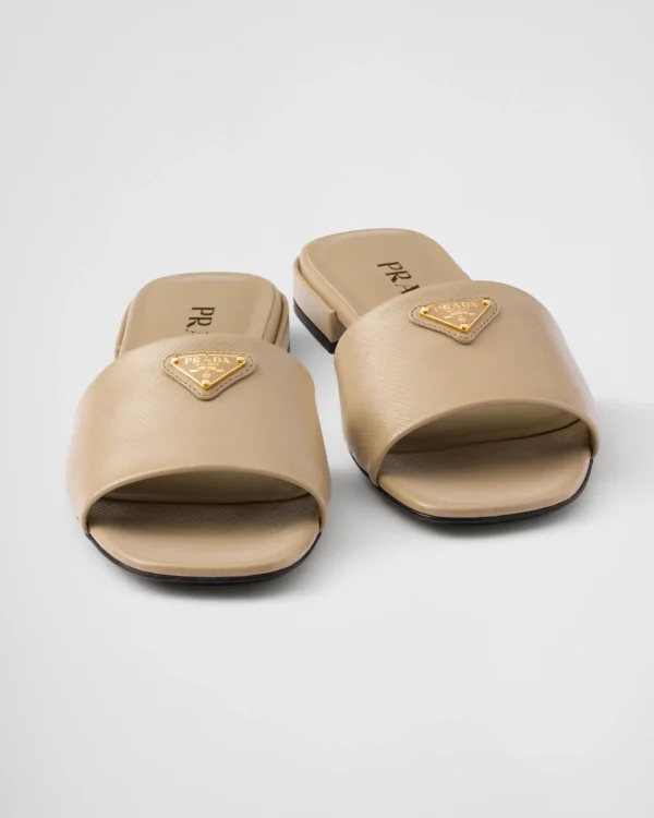 Slippers And Mules*Prada Saffiano patent leather slides Sandbeige