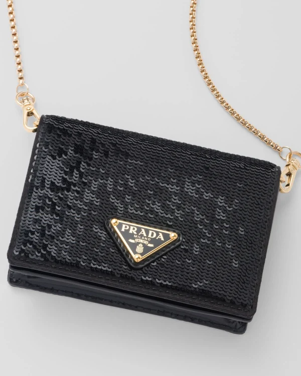 Card Holders*Prada Sequined card holder with shoulder strap Black