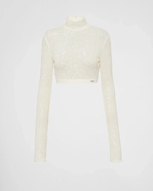 T-shirts And Sweatshirts*Prada Sequined stretch top Ivory