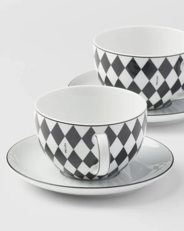 Tea And Coffee*Prada Set of two porcelain cappuccino cups - Checkerboard White/black