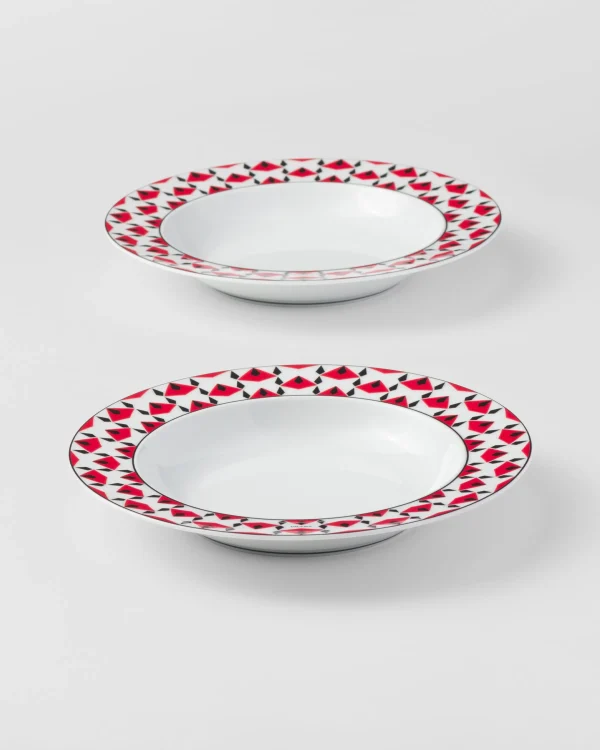 Plates And Bowls*Prada Set of two porcelain soup plates - Vienna Red Black/red