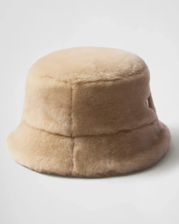 Hats And Gloves*Prada Shearling bucket hat Ecru