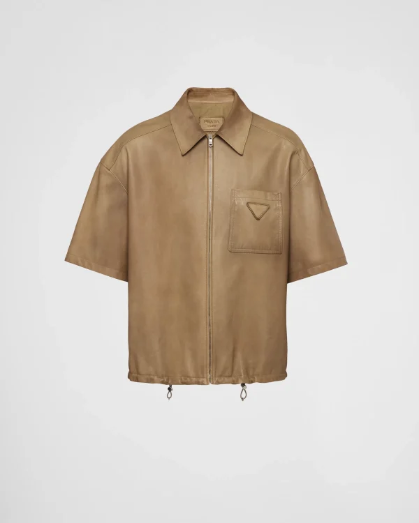 Leather Clothing*Prada Short-sleeve nappa leather shirt Colonialbeige