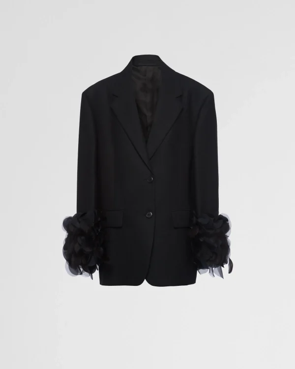 Jackets And Coats*Prada Single-breasted wool jacket with feather trim Black