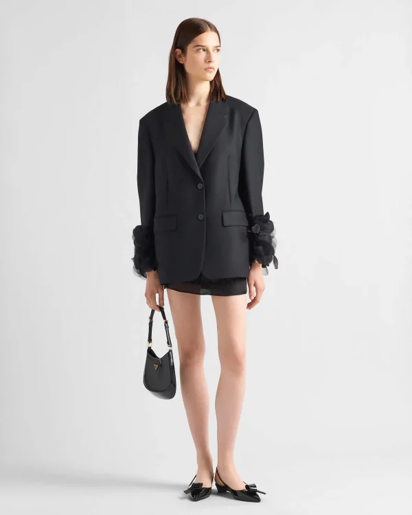 Jackets And Coats*Prada Single-breasted wool jacket with feather trim Black