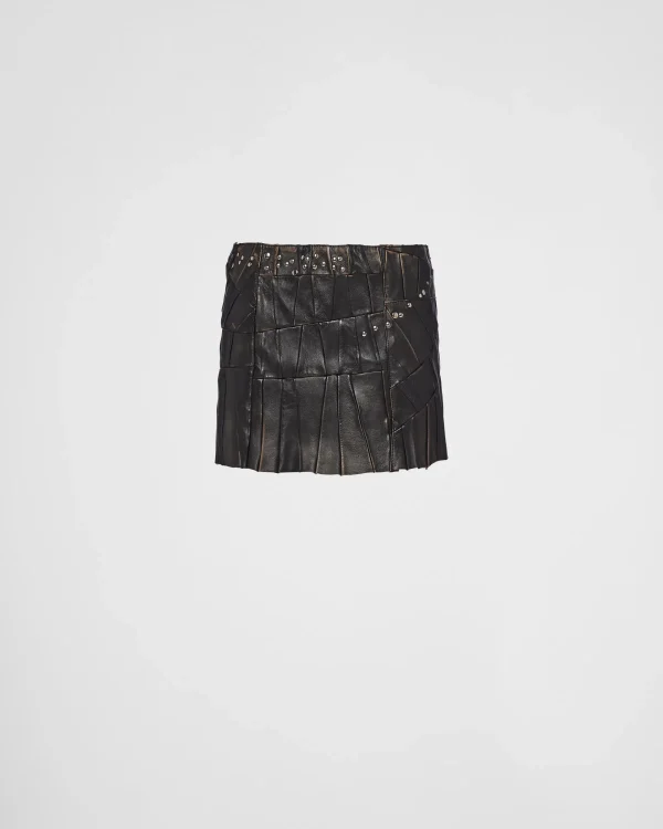 Leather Clothing*Prada Studded nappa leather patchwork skirt Black