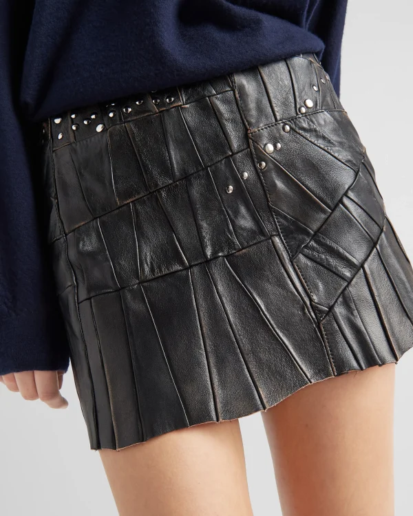 Leather Clothing*Prada Studded nappa leather patchwork skirt Black