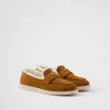 Loafers And Lace-ups*Prada Suede and shearling loafers Cognac