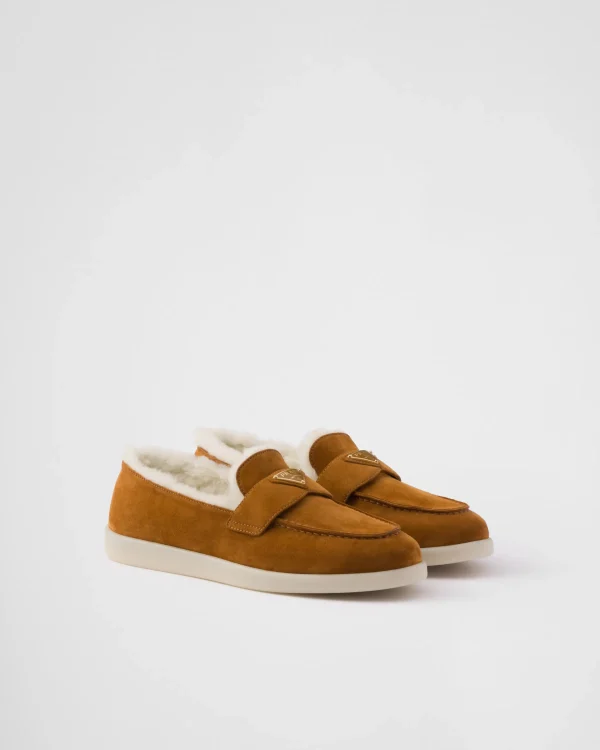 Loafers And Lace-ups*Prada Suede and shearling loafers Cognac