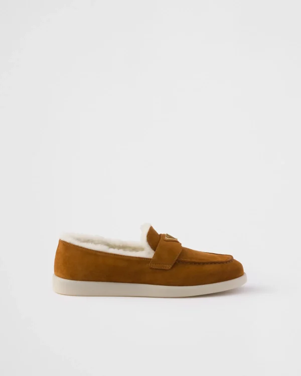 Loafers And Lace-ups*Prada Suede and shearling loafers Cognac