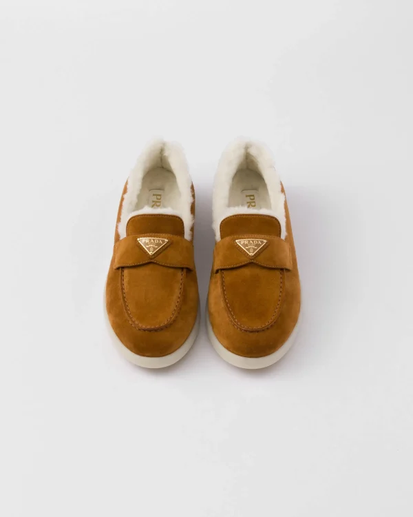 Loafers And Lace-ups*Prada Suede and shearling loafers Cognac