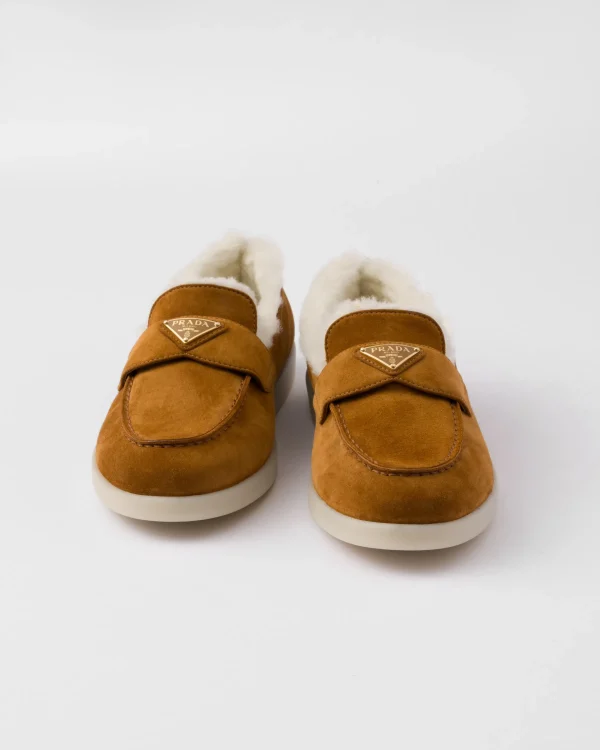 Loafers And Lace-ups*Prada Suede and shearling loafers Cognac