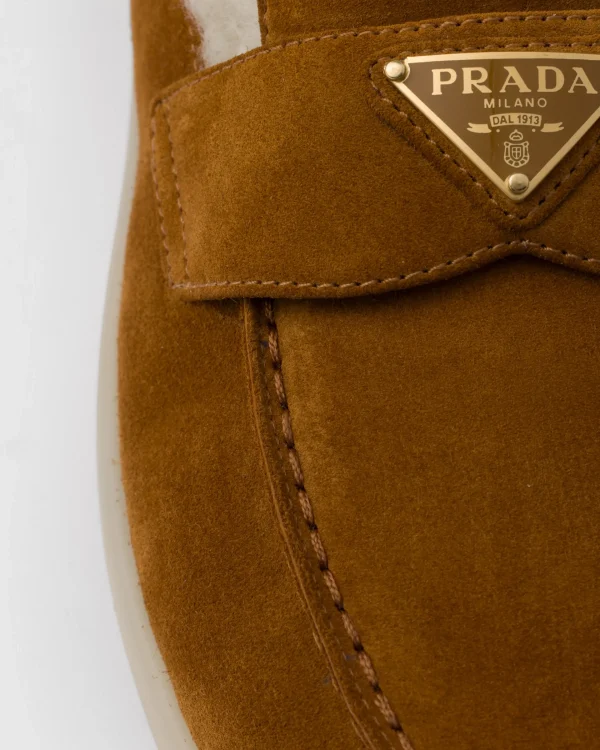 Loafers And Lace-ups*Prada Suede and shearling loafers Cognac