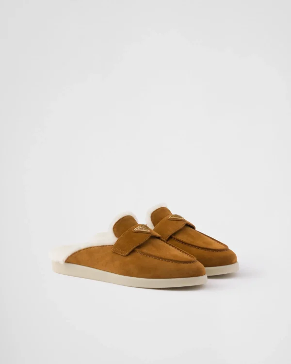 Slippers And Mules*Prada Suede and shearling mules Cognac