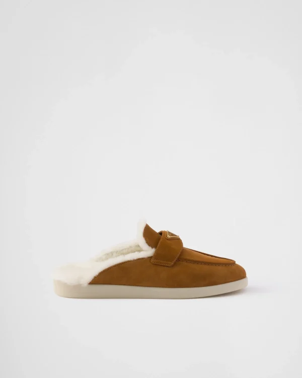 Slippers And Mules*Prada Suede and shearling mules Cognac