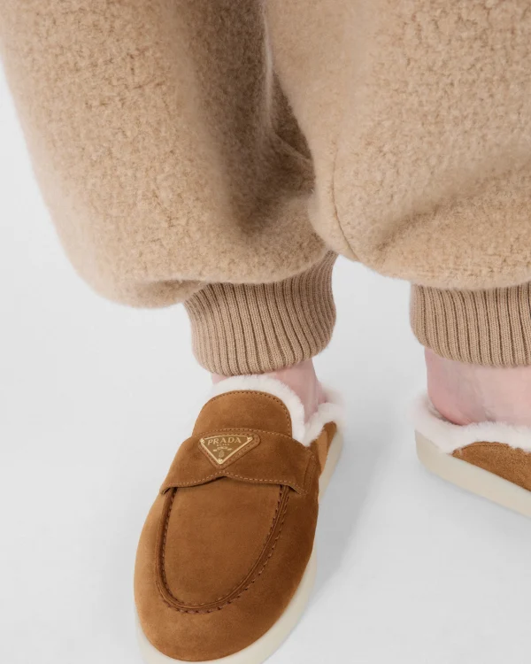 Slippers And Mules*Prada Suede and shearling mules Cognac