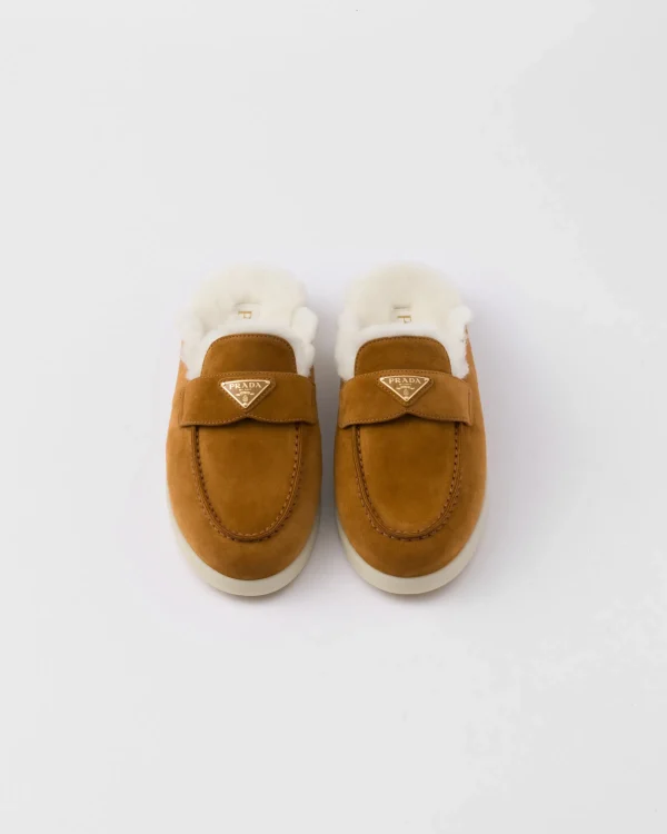 Slippers And Mules*Prada Suede and shearling mules Cognac