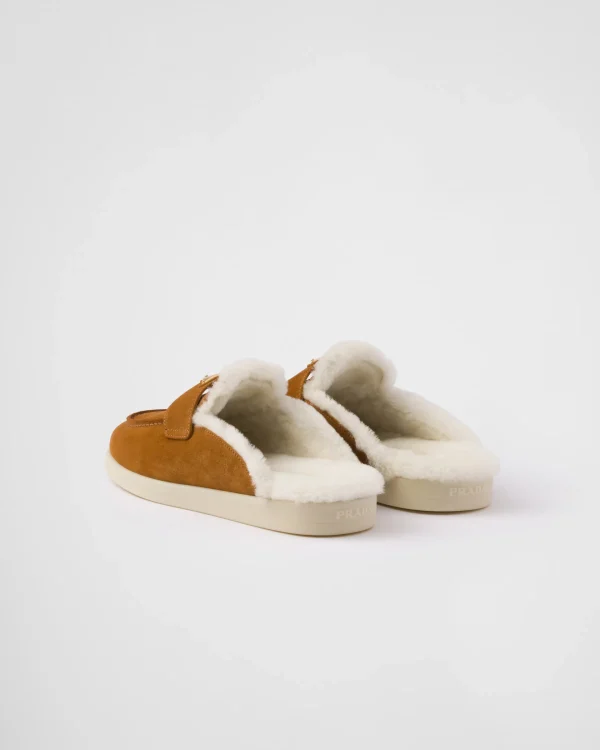 Slippers And Mules*Prada Suede and shearling mules Cognac