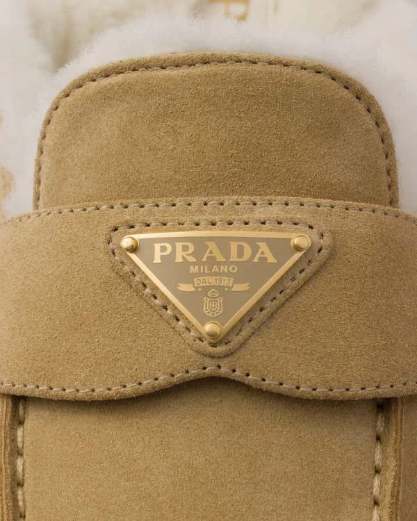 Slippers And Mules*Prada Suede and shearling mules Ecru