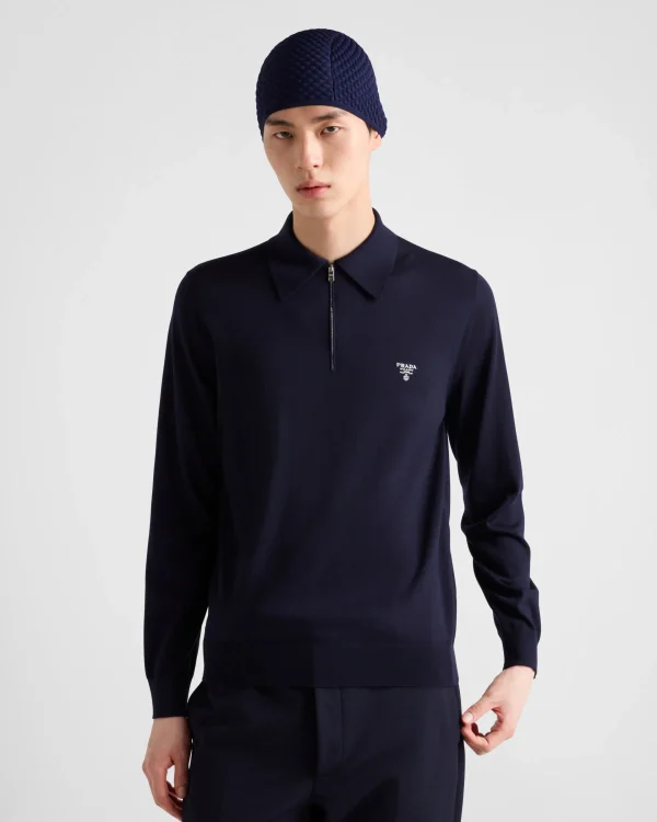 Knitwear*Prada Superfine wool polo shirt Blue