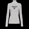 Knitwear*Prada Superfine wool turtleneck sweater Ivory/navyblue