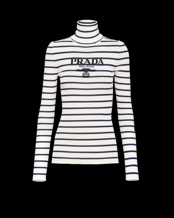 Knitwear*Prada Superfine wool turtleneck sweater Ivory/navyblue