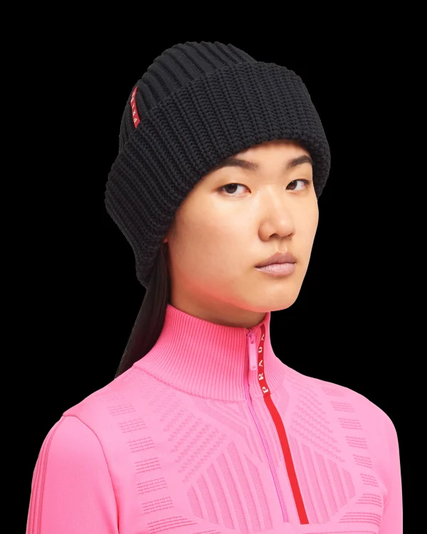 Women's Collection*Prada Tec Rec Nylon Ribbed Beanie Black