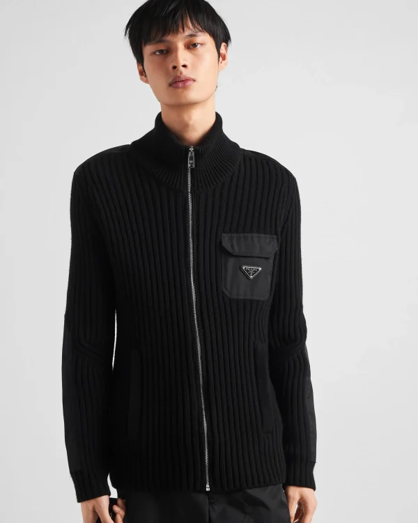 Knitwear*Prada Wool and cashmere cardigan with Re-Nylon details Black