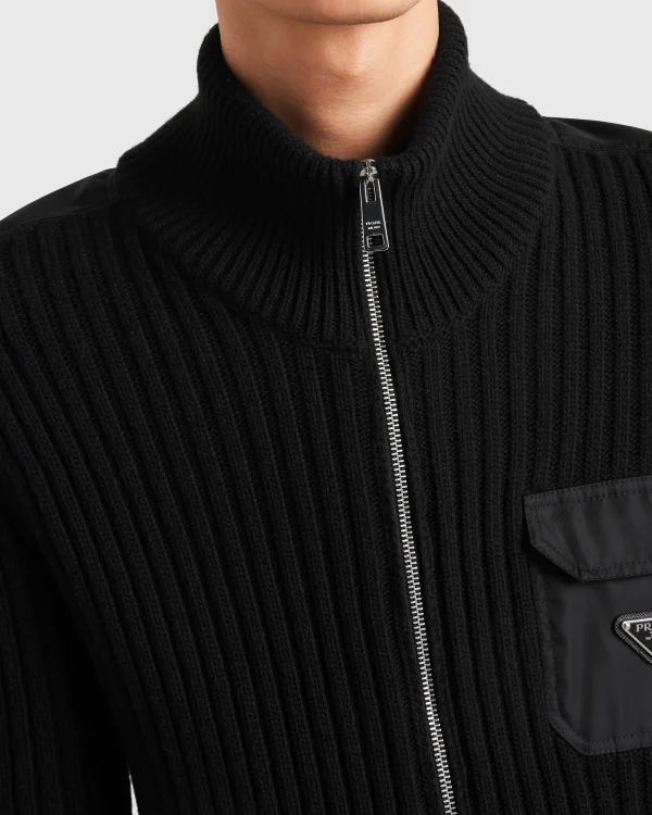 Knitwear*Prada Wool and cashmere cardigan with Re-Nylon details Black