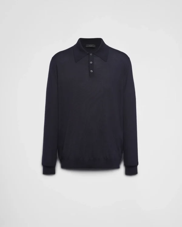 Knitwear*Prada Worsted wool polo shirt Blue